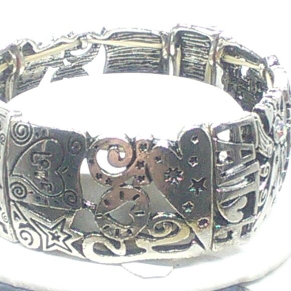 Silver-tone Inspiration Stretch Bracelet Cutouts Crystals Wish Love Peace Bless - Picture 2 of 6
